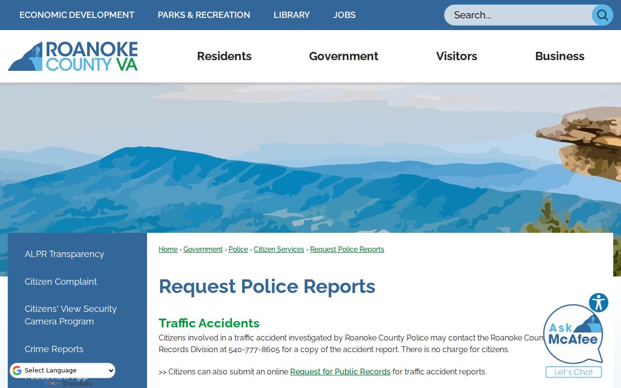 Roanoke County arrest report request instructions