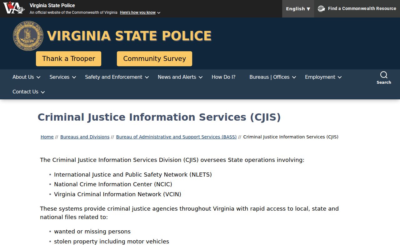 Virginia State Police repository for Roanoke County arrest history