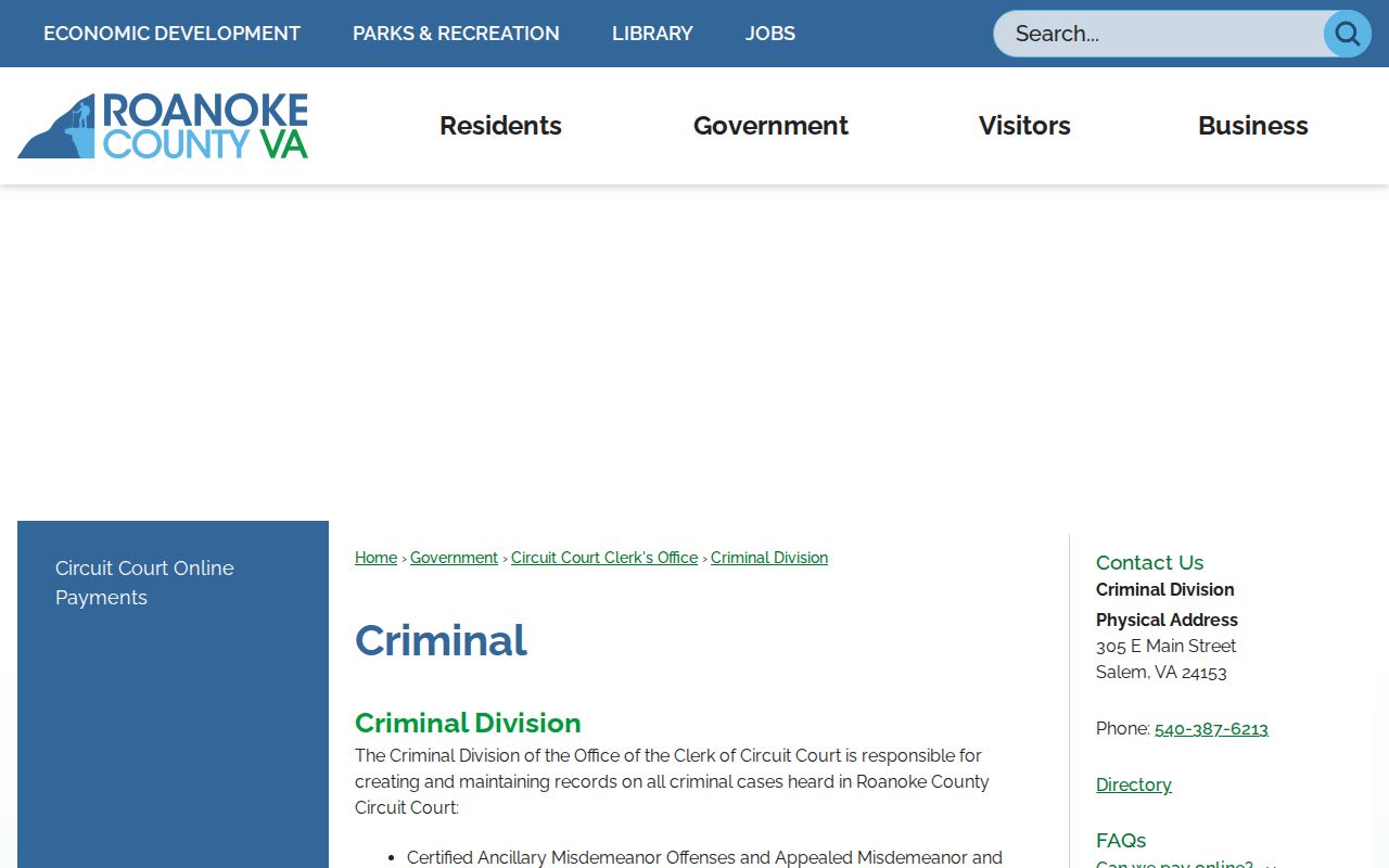 Roanoke County criminal court cases Criminal Division records page