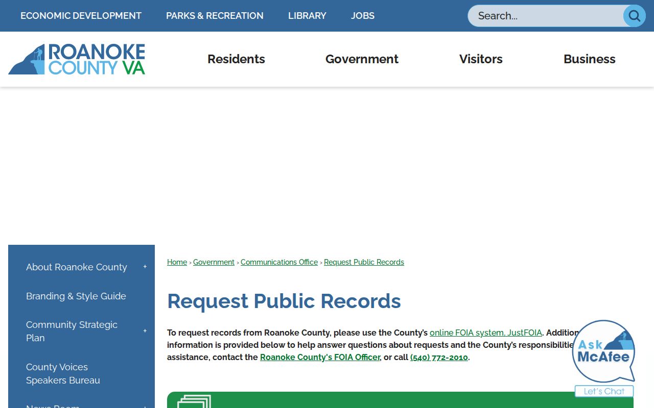 Roanoke County criminal records request page under VFOIA