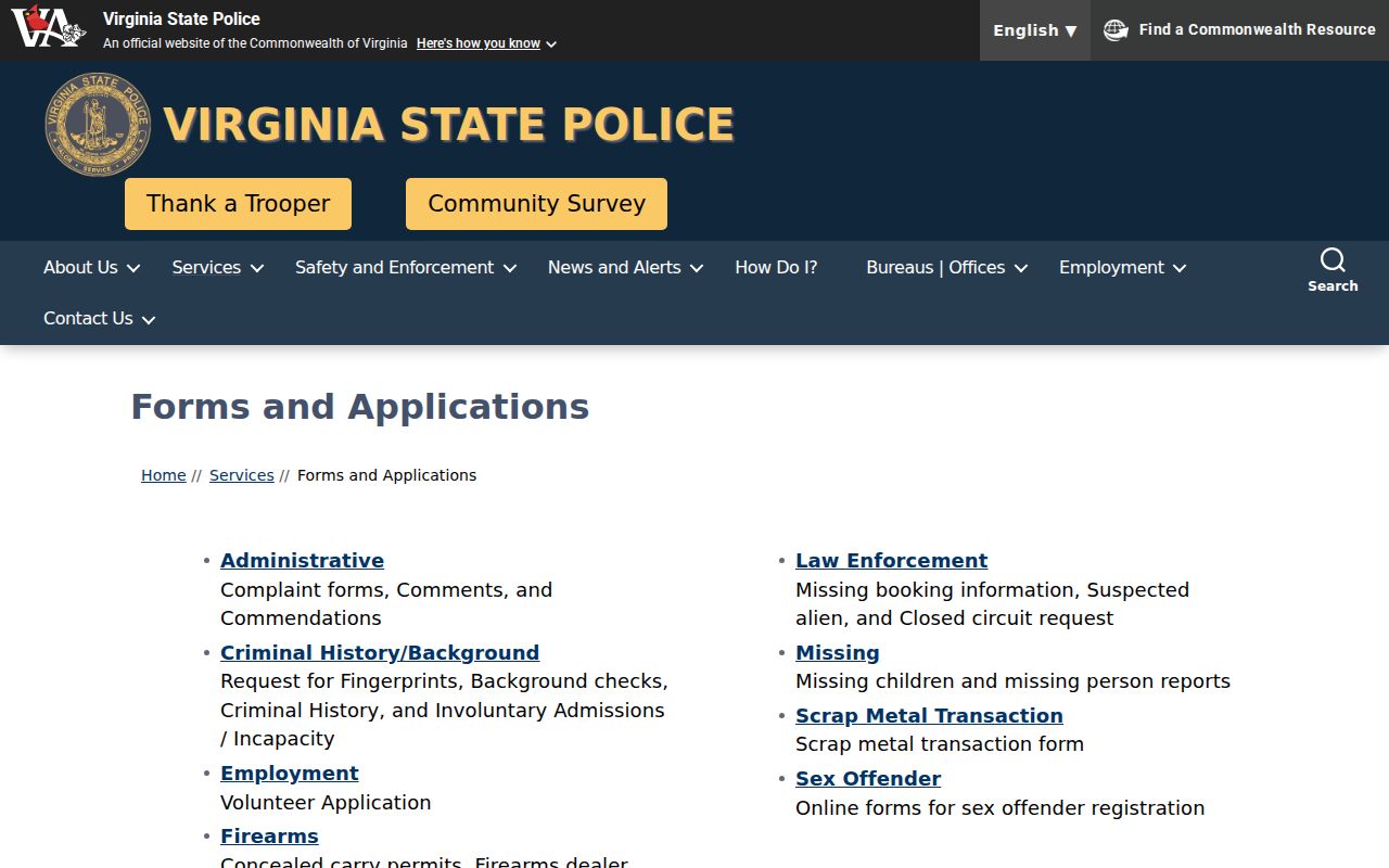 VSP forms used with Roanoke County sex offender registry records