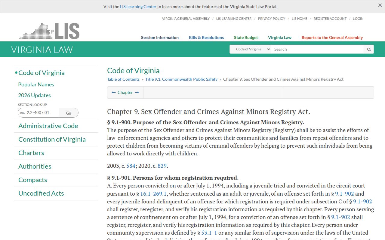 Virginia registry law for Roanoke County sex offender records