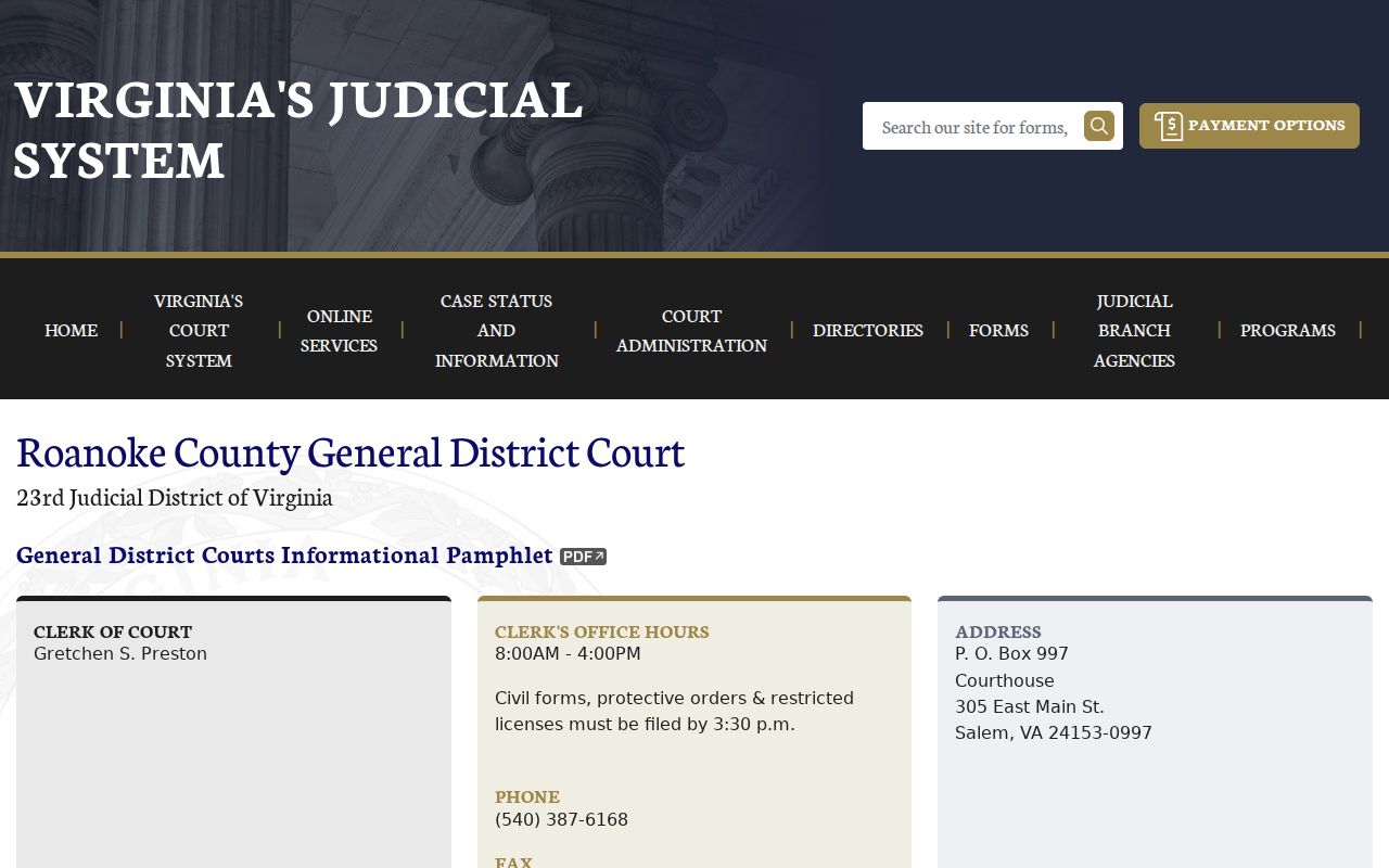 Roanoke County General District Court official page for Vinton cases